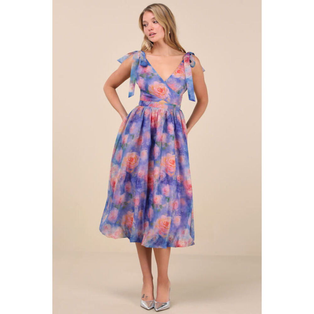 Lulus Flowering Day Dream Purple Floral Organza Midi Bubble Dress - Size XL